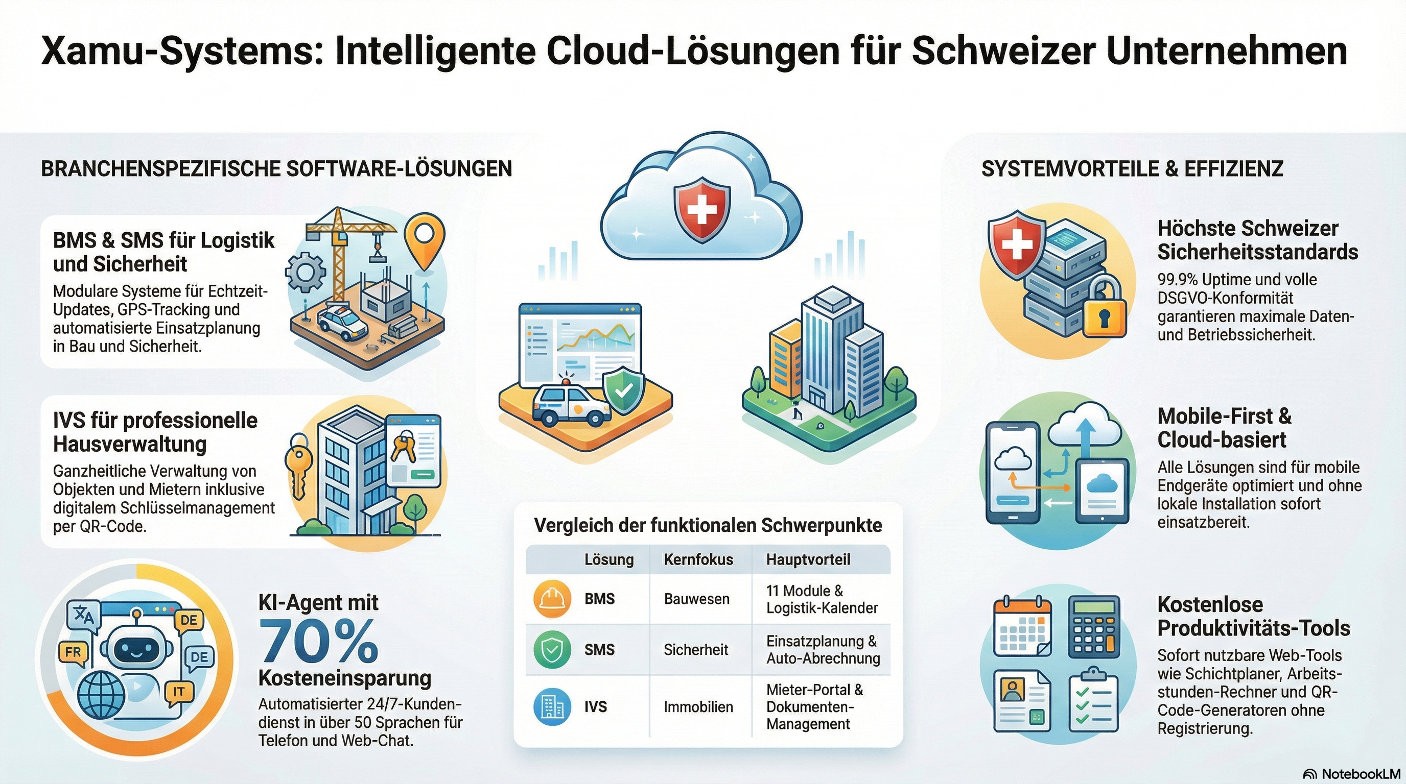 Xamu Systems Cloud-Lösungen Übersicht – BMS, SMS, IVS, KI-Agent und Web-Tools