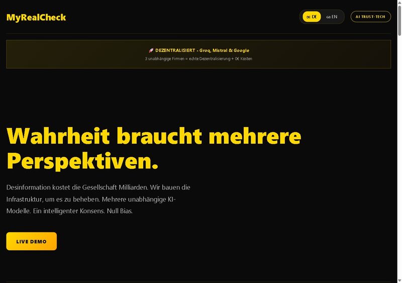 MyRealCheck Website – Landing- und Demo-Plattform für dezentrale KI-Faktenprüfung